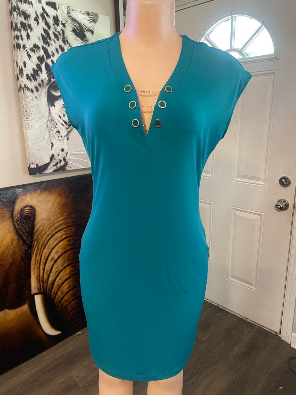 Calvin Klein size 4 Teal V-Neck Grommet Detail Knit Dress comfort stretch